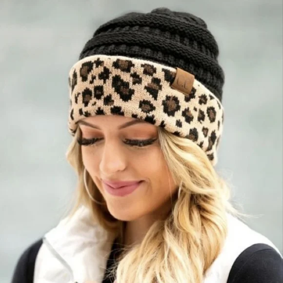 LAST ONE! π₯³HOST PICKπ₯³ NWT C.C. Black and Leopard Print Knit Beanie - Picture 8 of 16